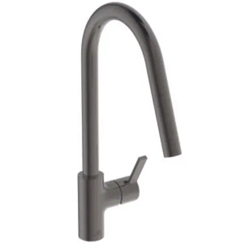 Küchenarmatur in metallischer Optik von Ideal Standard mit einem hohen, gebogenen Auslauf und einem seitlichen Bedienhebel für Temperatur- und Mengenregelung.
